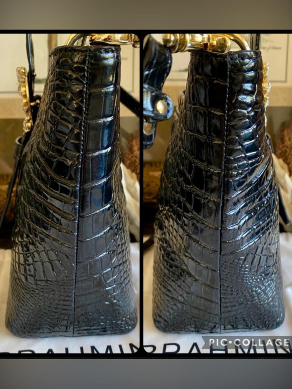 BRAHMIN BLACK LUXE FAITH HANDBAG ~SWAROVSKI CRYSTALS (($365)) Luxury Black Croc - Picture 12 of 14